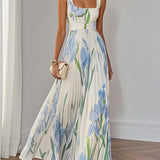 Mary™ pleated maxi dress, white with blue floral print, square neckline and thin straps