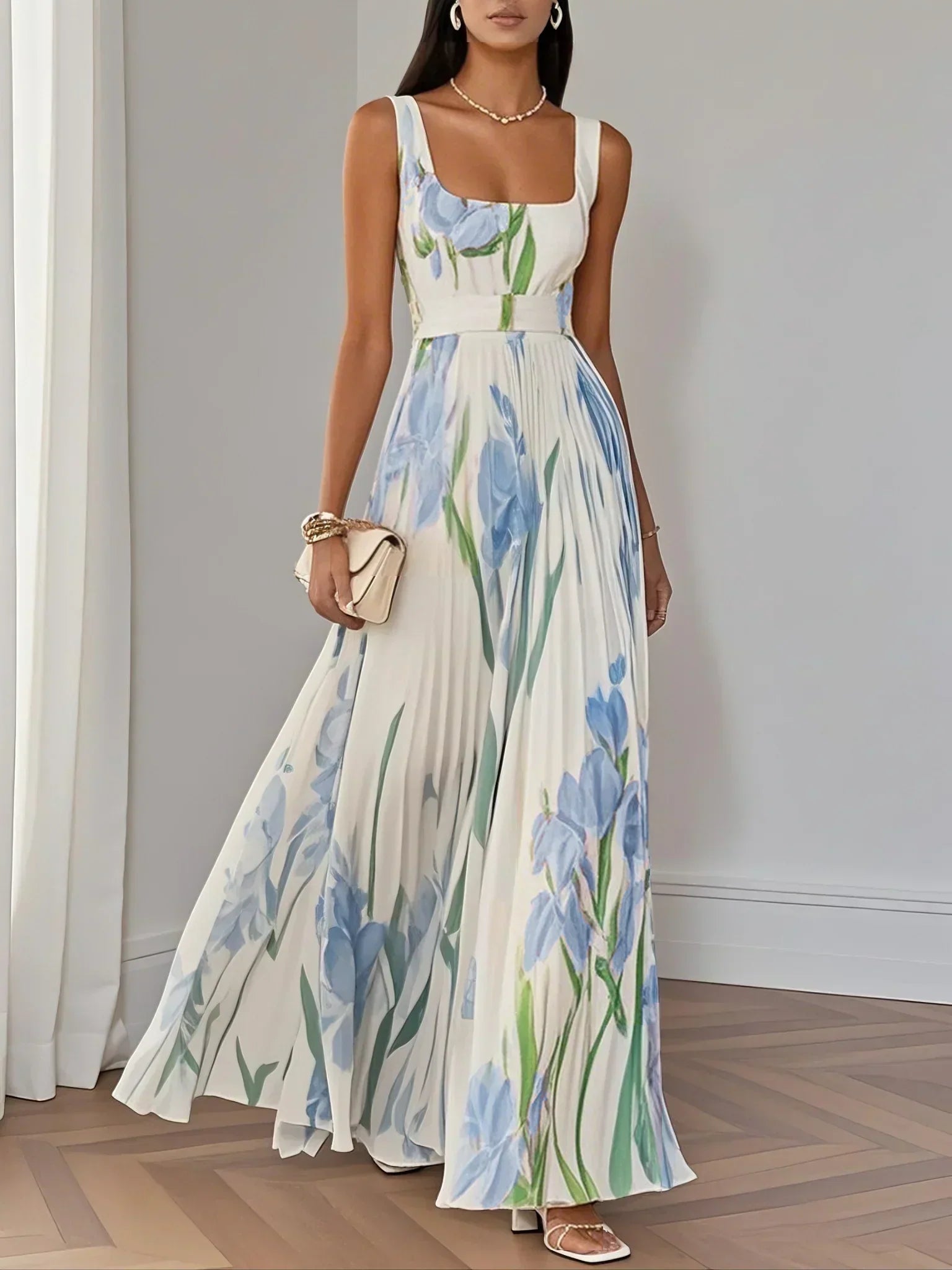Mary™ pleated maxi dress, white with blue floral print, square neckline and thin straps