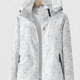 White hooded jacket with front zipper and stand collar, allover leaf pattern