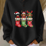 Black vintage Christmas henley sweater with dog motif and festive stockings graphic