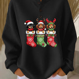 Black vintage Christmas henley sweater with dog motif and festive stockings graphic
