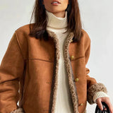 Sheep leather button jacket with shearling-lined front, chest pockets and gold buttons
