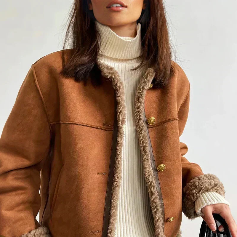 Sheep leather button jacket with shearling-lined front, chest pockets and gold buttons