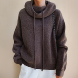 Brown knit rollneck pullover with drawstring cowl neck and ribbed hem