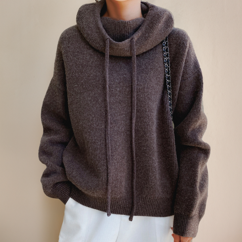 Brown knit rollneck pullover with drawstring cowl neck and ribbed hem