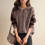 Cable-knit jacquard hoodie with hood, dark mauve and plaid sleeve panels, pullover
