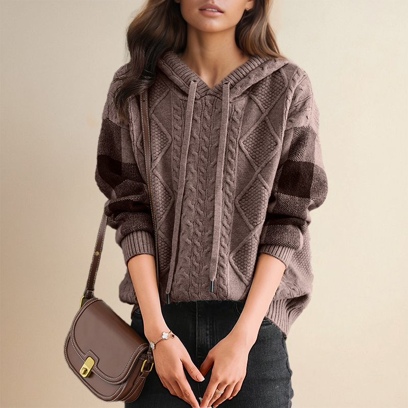 Cable-knit jacquard hoodie with hood, dark mauve and plaid sleeve panels, pullover