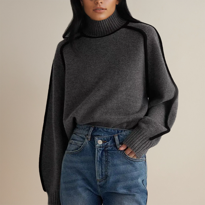 Dark gray knit pullover with high ribbed neck and black contrast sleeve trim