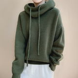Dark green knit rollneck pullover with drawstring cowl neck and long sleeves