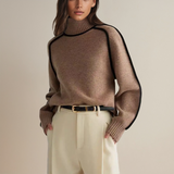 Brown knit pullover with high ribbed neck and long sleeves with ribbed cuffs