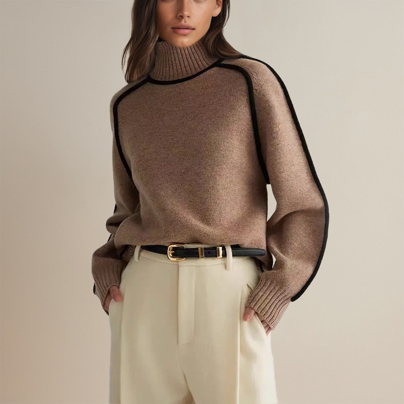 Brown knit pullover with high ribbed neck and long sleeves with ribbed cuffs