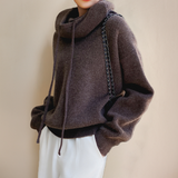 Brown knit rollneck pullover with drawstring cowl neck and ribbed cuffs