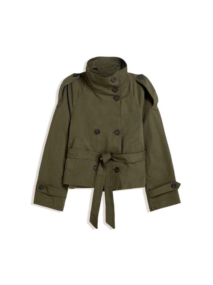 Women's olive stand-collar long-sleeve jacket with button front and tied belt