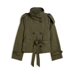 Women's olive stand-collar long-sleeve jacket with button front and tied belt