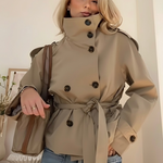 Women's khaki stand-collar long-sleeve jacket with button front and tied waist belt