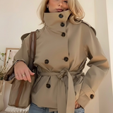 Women's khaki stand-collar long-sleeve jacket with button front and tied waist belt