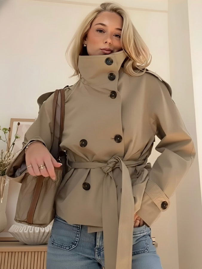 Women's khaki stand-collar long-sleeve jacket with button front and tied waist belt