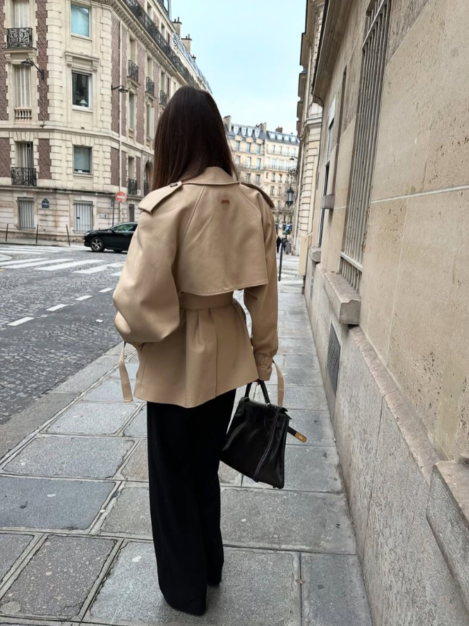 Women's khaki stand-collar long-sleeve jacket with belt tie; back view