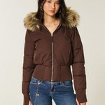 Women's cropped puffer jacket with hood, brown, faux-fur trimmed collar, zip front