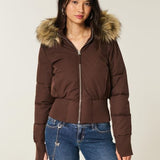 Women's cropped puffer jacket with hood, brown, faux-fur trimmed collar, zip front