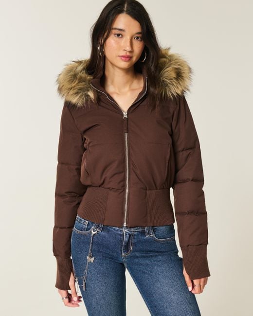 Women's cropped puffer jacket with hood, brown, faux-fur trimmed collar, zip front