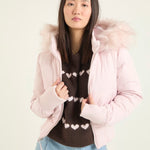 Women's cropped puffer jacket with hood, light pink, faux-fur trim, full-zip front