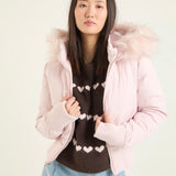 Women's cropped puffer jacket with hood, light pink, faux-fur trim, full-zip front