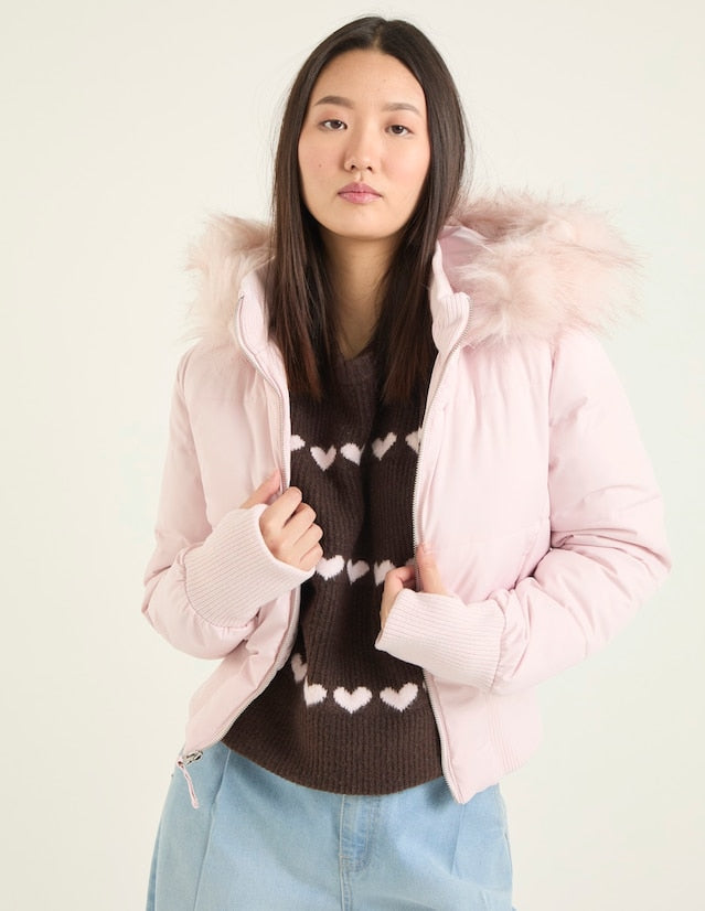 Women's cropped puffer jacket with hood, light pink, faux-fur trim, full-zip front