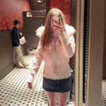 Light pink cropped puffer jacket with hood, faux-fur trim, ribbed cuffs, zip front