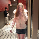 Light pink cropped puffer jacket with hood, faux-fur trim, ribbed cuffs, zip front