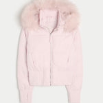 Women's cropped puffer jacket with hood, pale pink, faux-fur trim, two pockets, zip front
