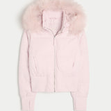 Women's cropped puffer jacket with hood, pale pink, faux-fur trim, two pockets, zip front