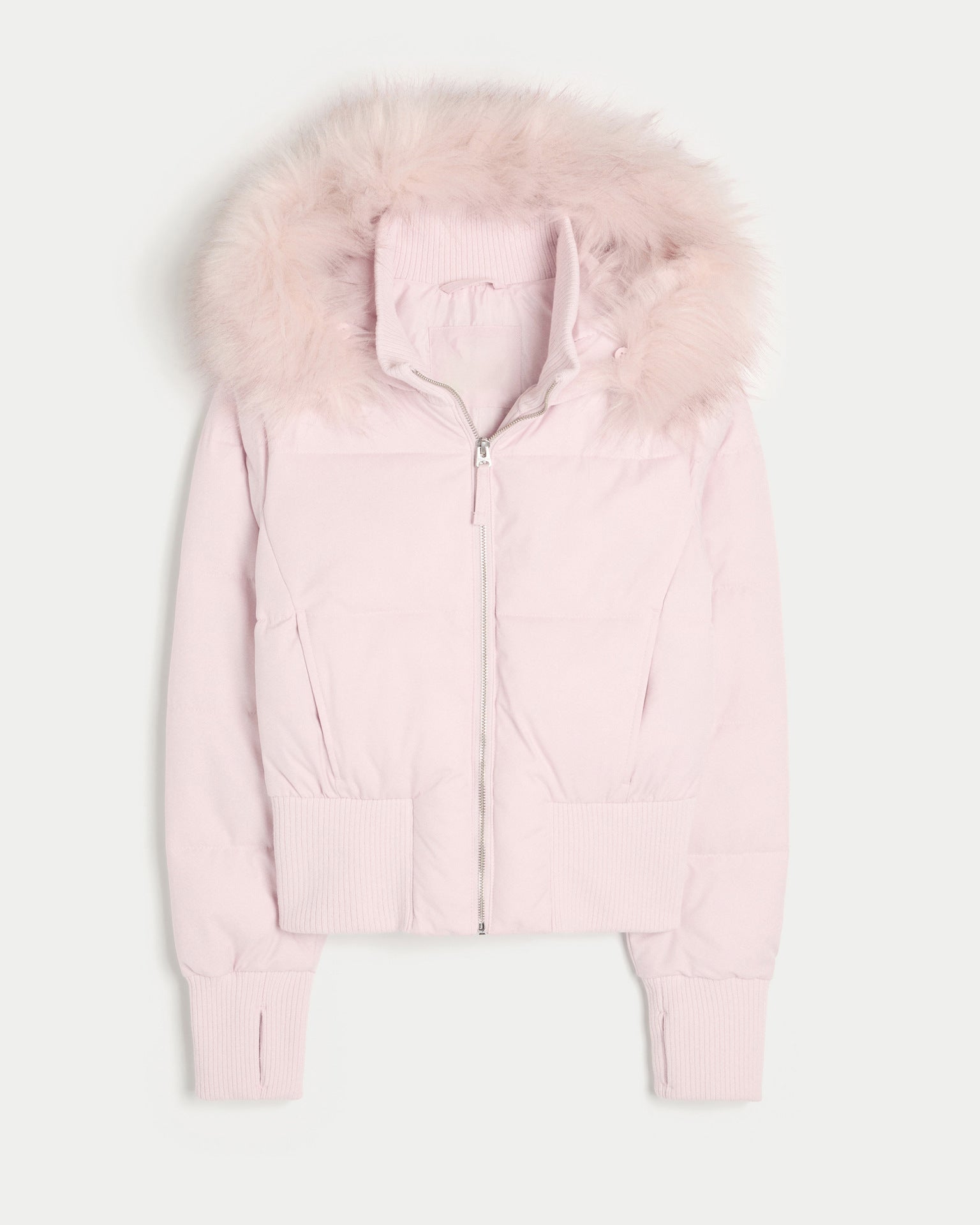 Women's cropped puffer jacket with hood, pale pink, faux-fur trim, two pockets, zip front