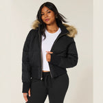 Women's cropped puffer jacket with hood, black, faux-fur trim, zip front, ribbed cuffs