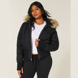 Women's cropped puffer jacket with hood, black, faux-fur trim, zip front, ribbed cuffs