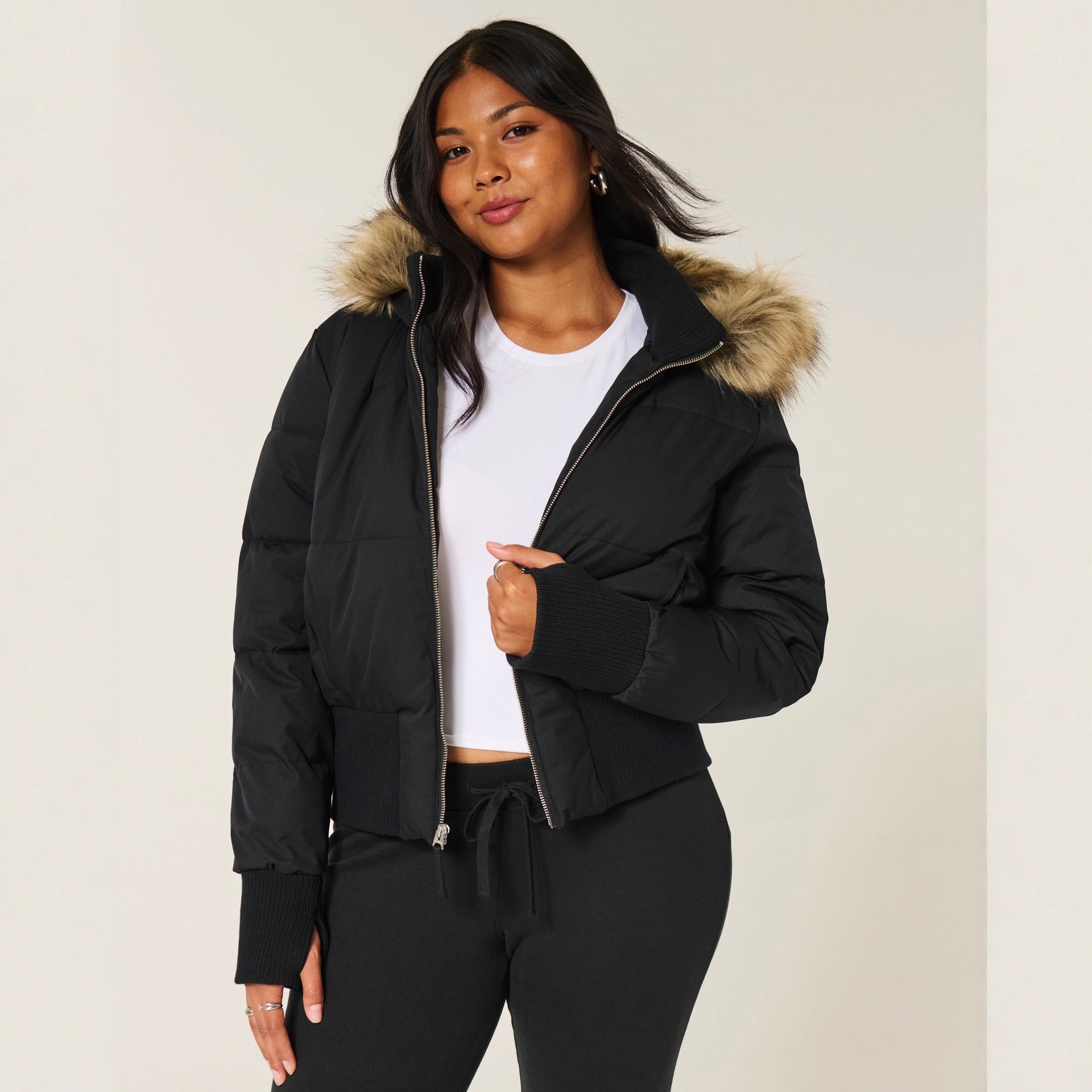 Women's cropped puffer jacket with hood, black, faux-fur trim, zip front, ribbed cuffs