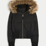 Women's cropped puffer jacket with hood, black, faux-fur trim, two front pockets, zip front