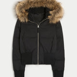 Women's cropped puffer jacket with hood, black, faux-fur trim, two front pockets, zip front