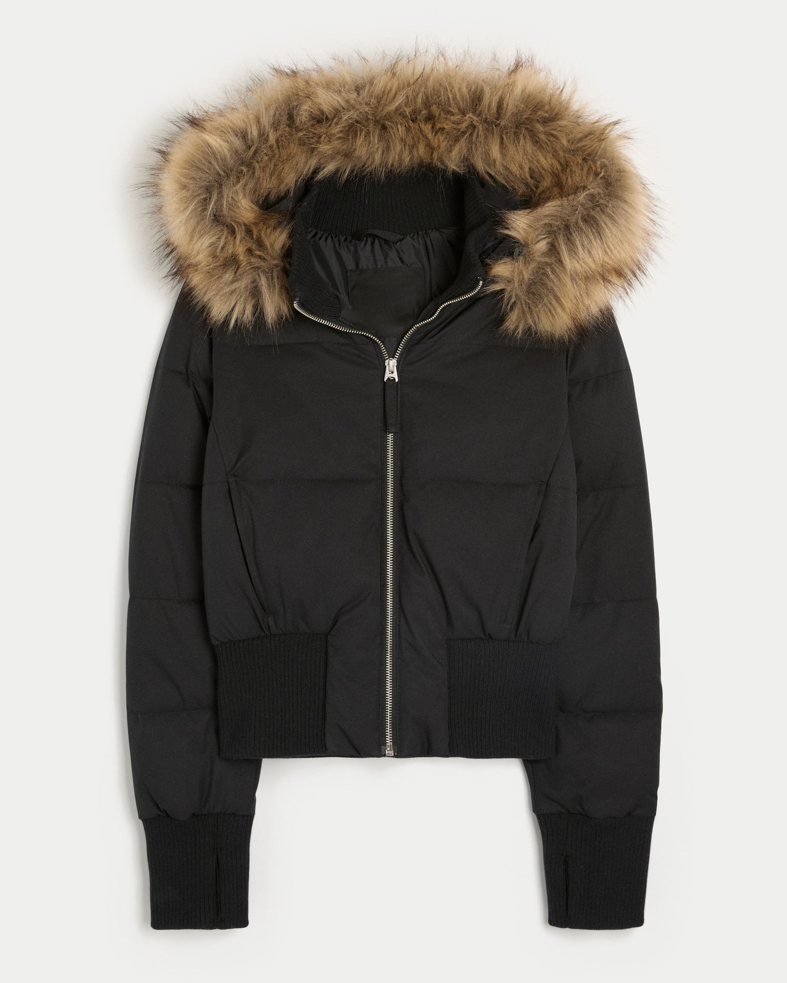 Women's cropped puffer jacket with hood, black, faux-fur trim, two front pockets, zip front
