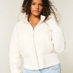 Women's cropped puffer jacket with hood, white, zip front, quilted panels, ribbed cuffs