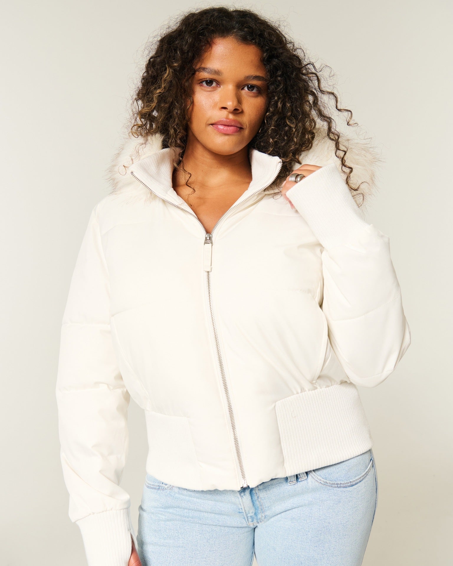 Women's cropped puffer jacket with hood, white, zip front, quilted panels, ribbed cuffs