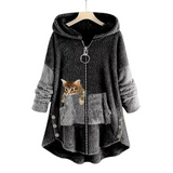 Black plush zip-up hoodie with hood, front pocket, and contrasting panel detail