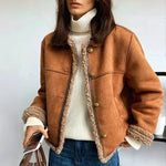 Rosalie™ sheep leather button jacket, tan/brown with shearling trim and gold buttons