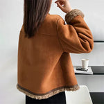 Sheep leather button jacket, tan back with shearling cuffs and rounded hem trim