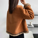 Sheep leather button jacket, tan back with shearling cuffs and rounded hem trim