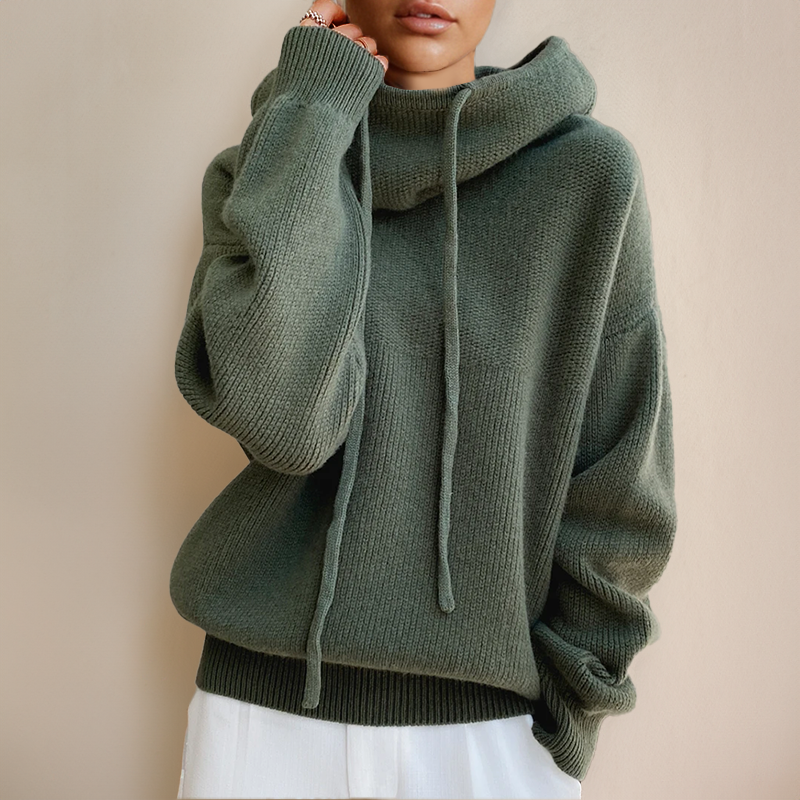Charlotte merino rollneck sweater with hood, ribbed cuffs, dark green knit