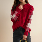 Cable-knit jacquard hoodie pullover with hood, red and white plaid sleeves