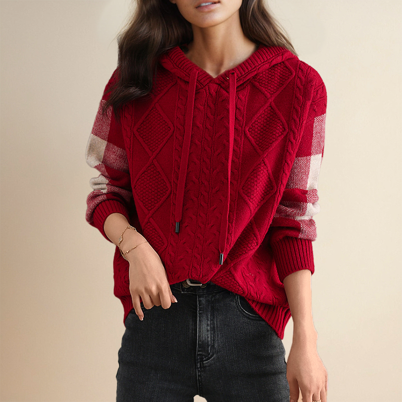 Hooded jacquard cable knit pullover with red body and white plaid sleeve panels
