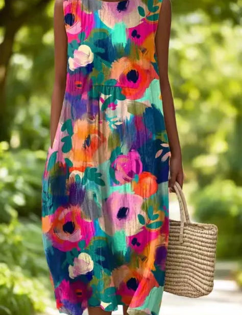 Callie™ sleeveless floral dress, multicolor abstract flower print, relaxed fit