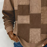 Brown patchwork hoodie front detail with hood, square panels and long sleeves